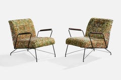 Brazilian Designer, Lounge Chairs, Iron, Wood, Fabric, Brazil, 1960s