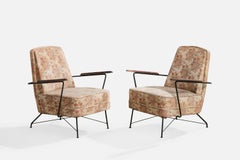 Brazilian Designer, Lounge Chairs, Iron, Wood, Fabric, Brazil, 1960s
