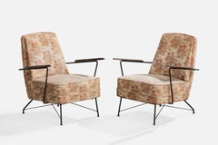Brazilian Designer, Lounge Chairs, Iron, Wood, Fabric, Brazil, 1960s