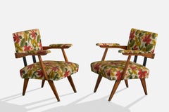 Brazilian Designer, Lounge Chairs, Wood, Fabric, Brazil, 1950s