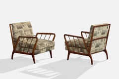 Brazilian Designer, Lounge Chairs, Wood, Fabric, Brazil, 1950s