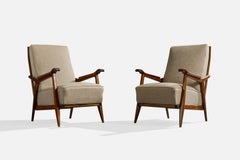Brazilian Designer, Lounge Chairs, Wood, Fabric, Brazil, 1950s