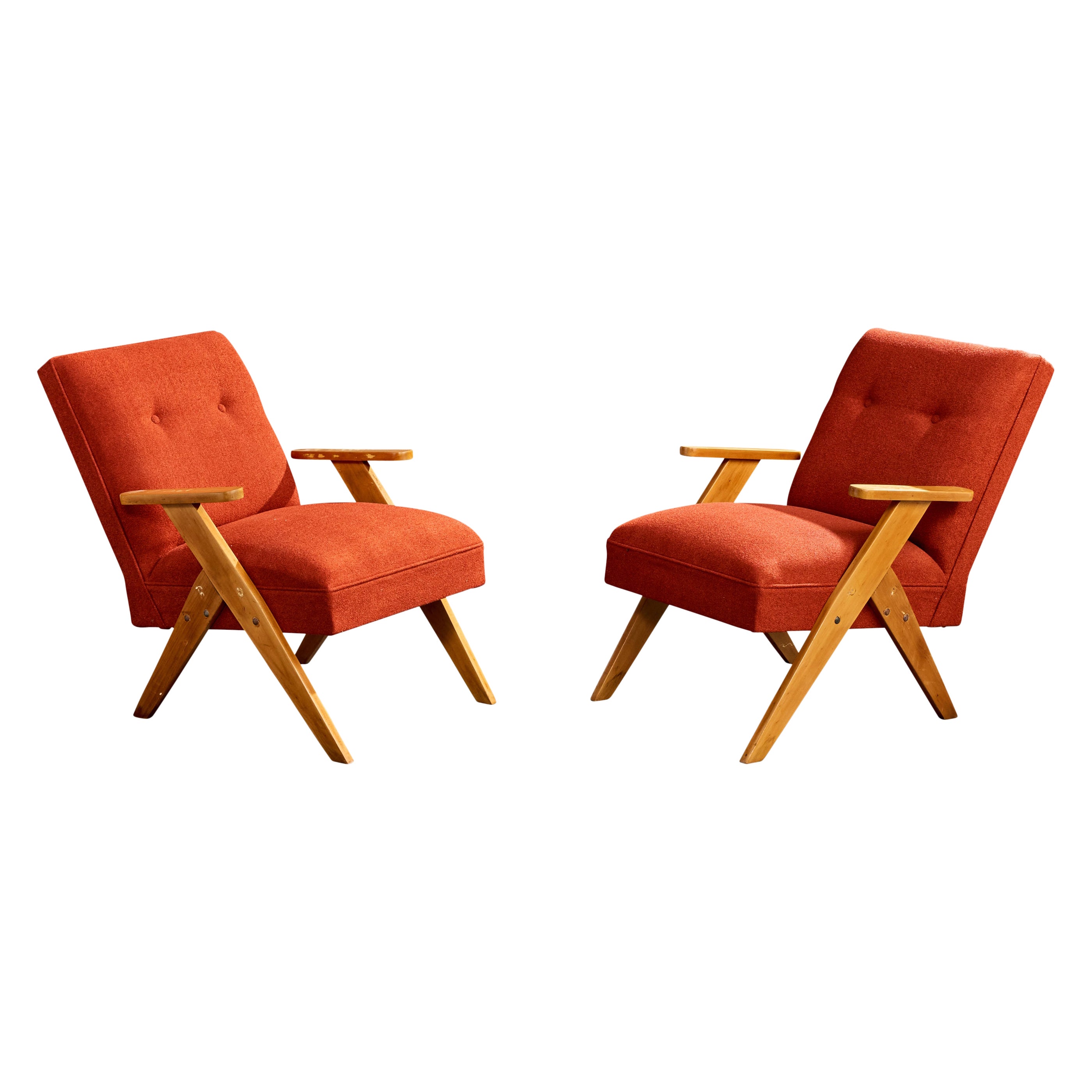 Designer brésilien, chaises longues, Wood, tissu, Brésil, années 1950