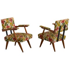 Brazilian Designer, Lounge Chairs, Wood, Fabric, Brazil, 1950s
