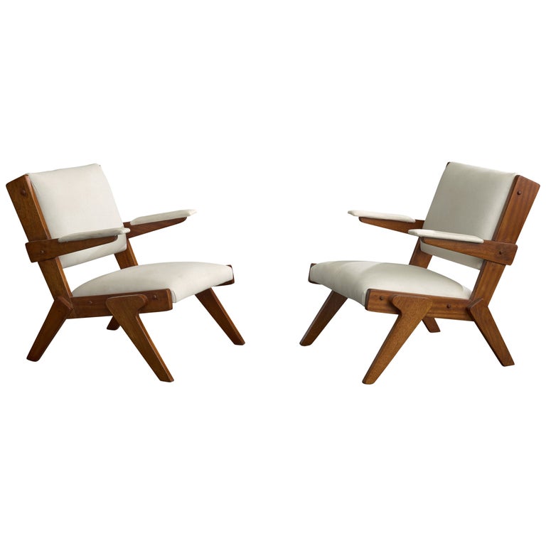 Brazilian Designer, Lounge Chairs, Wood, Fabric, Brazil, 1950s