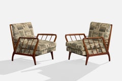Brazilian Designer, Lounge Chairs, Wood, Fabric, Brazil, 1950s