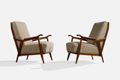 Brazilian Designer, Lounge Chairs, Wood, Fabric, Brazil, 1950s