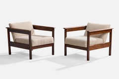 Brazilian Designer, Lounge Chairs, Wood, Fabric, Brazil, 1960s