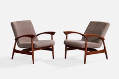 Brazilian Designer, Lounge Chairs, Wood, Fabric, Brazil, 1960s