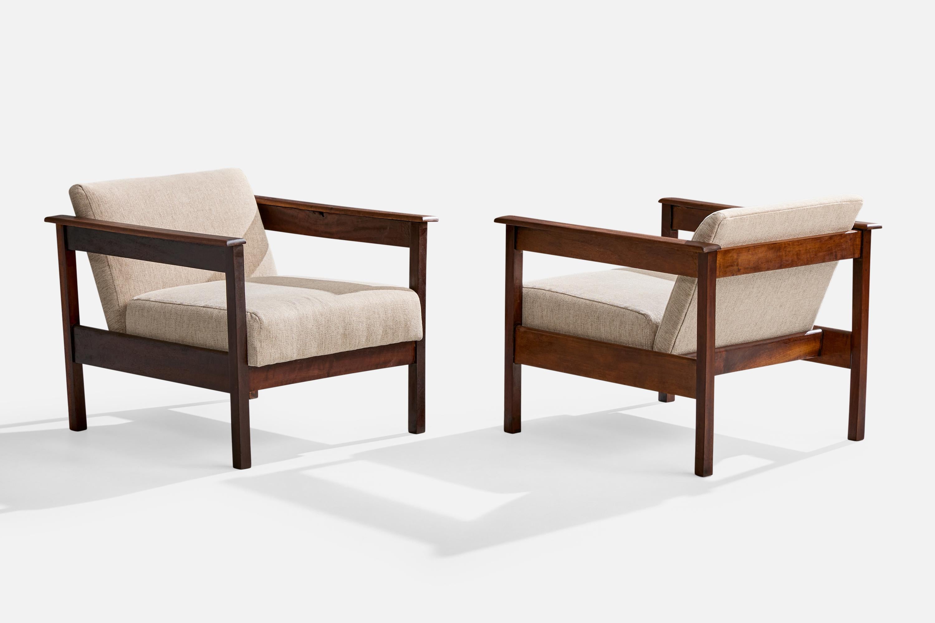 Mid-Century moderno Brazilian Designer, Lounge Chairs, Wood, Fabric, Brazil, 1960s in vendita