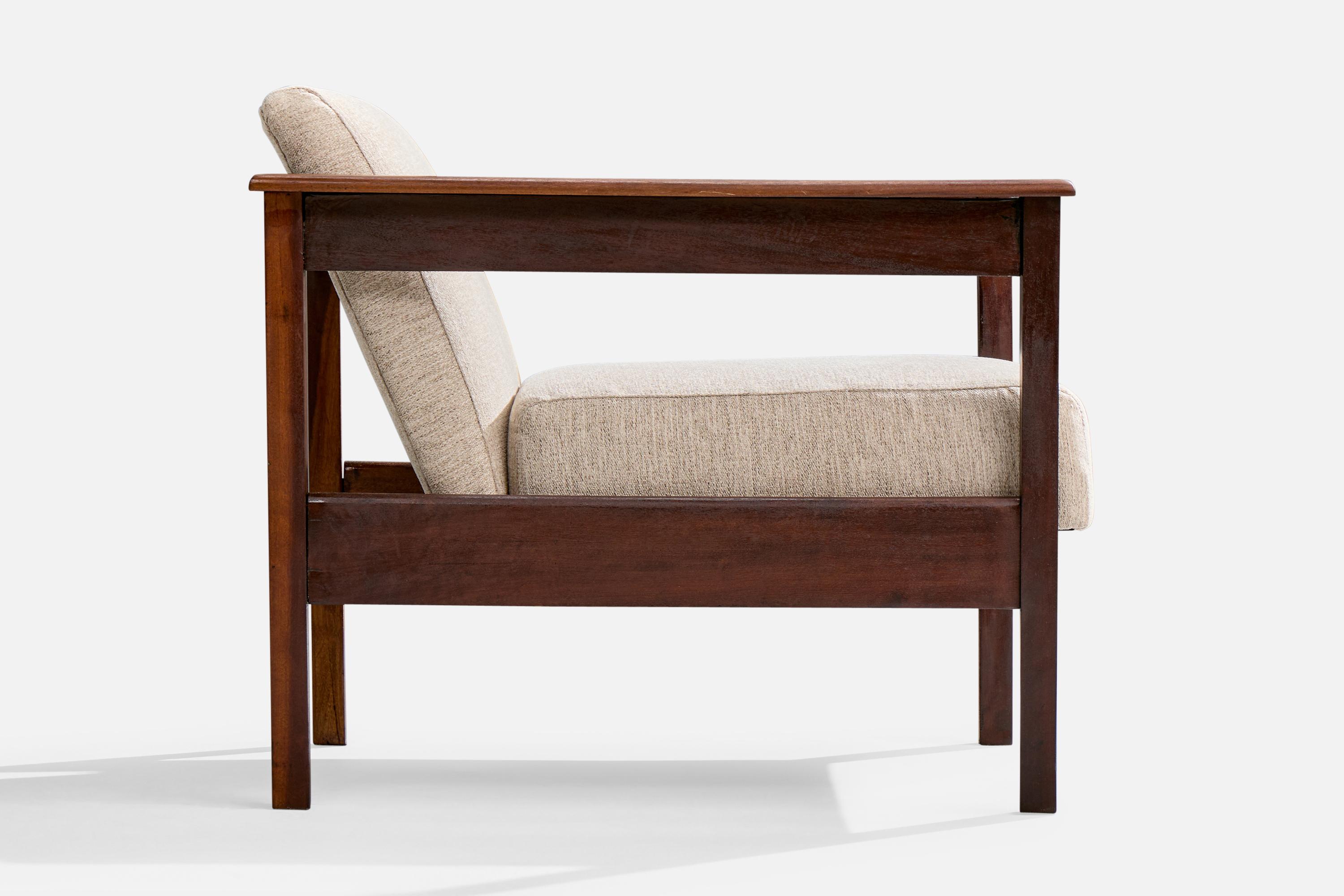 Tessuto Brazilian Designer, Lounge Chairs, Wood, Fabric, Brazil, 1960s in vendita