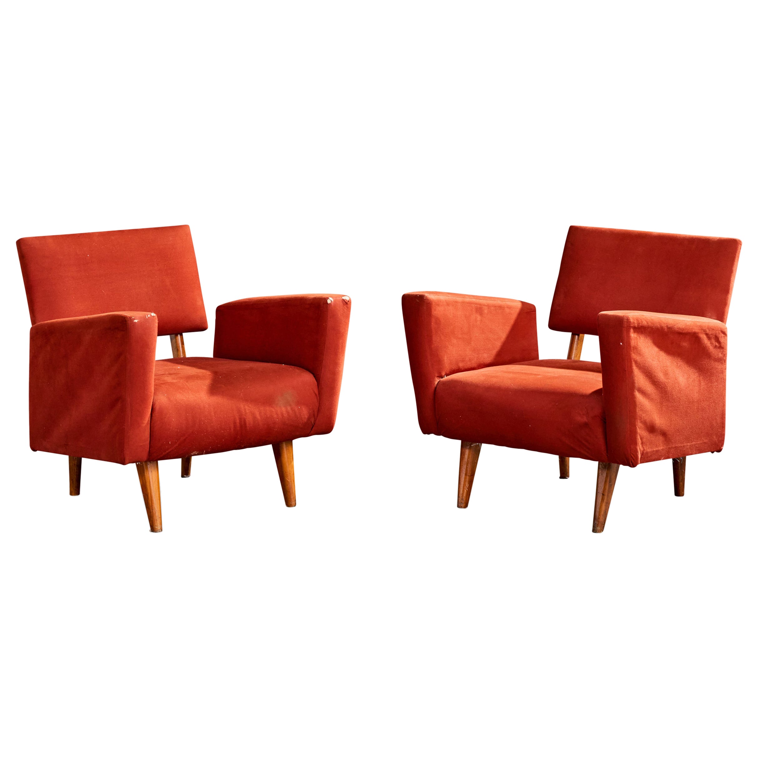 Brazilian Designer, Lounge Chairs, Wood, Fabric, Brazil, 1960s