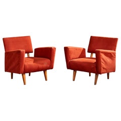 Brazilian Designer, Lounge Chairs, Wood, Fabric, Brazil, 1960s