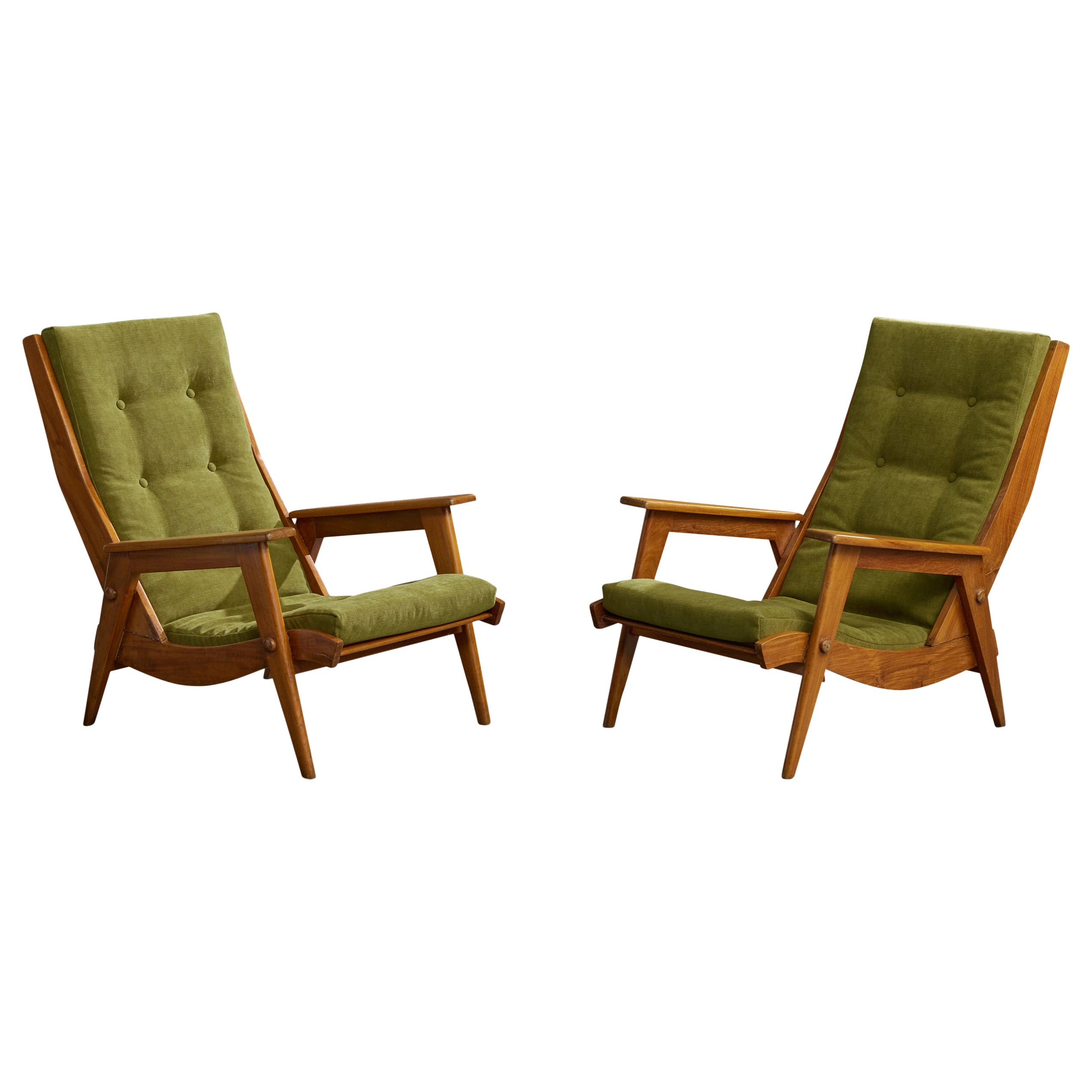 Brazilian Designer, Lounge Chairs, Wood, Fabric, Brazil, 1960s