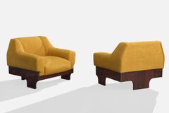Brazilian Designer, Lounge Chairs, Wood, Fabric, Brazil, 1970s