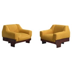 Brazilian Designer, Lounge Chairs, Wood, Fabric, Brazil, 1970s