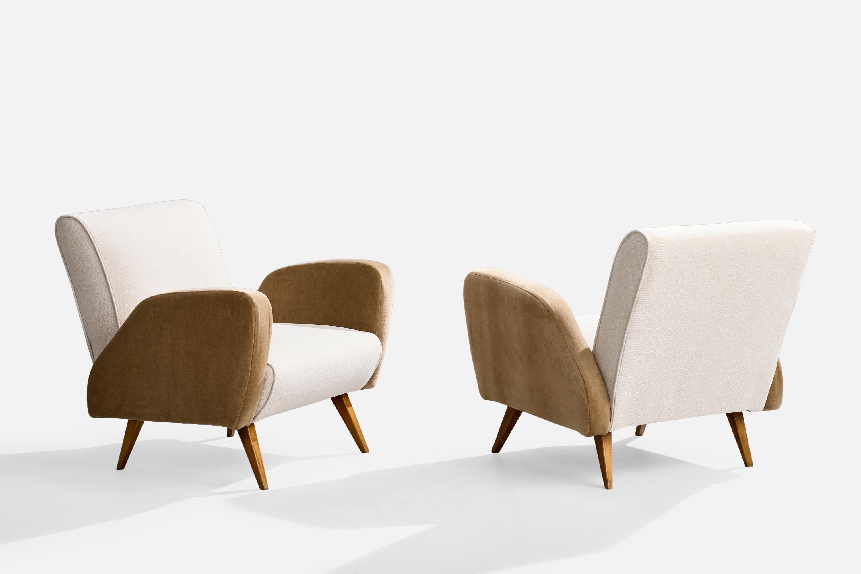 Mid-Century Modern Brazilian Designer, Lounge Chairs, Wood, Fabric, Velvet, Brazil, 1950s For Sale