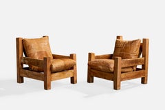 Brazilian Designer, Lounge Chairs, Wood, Leather, Brazil, 1970s
