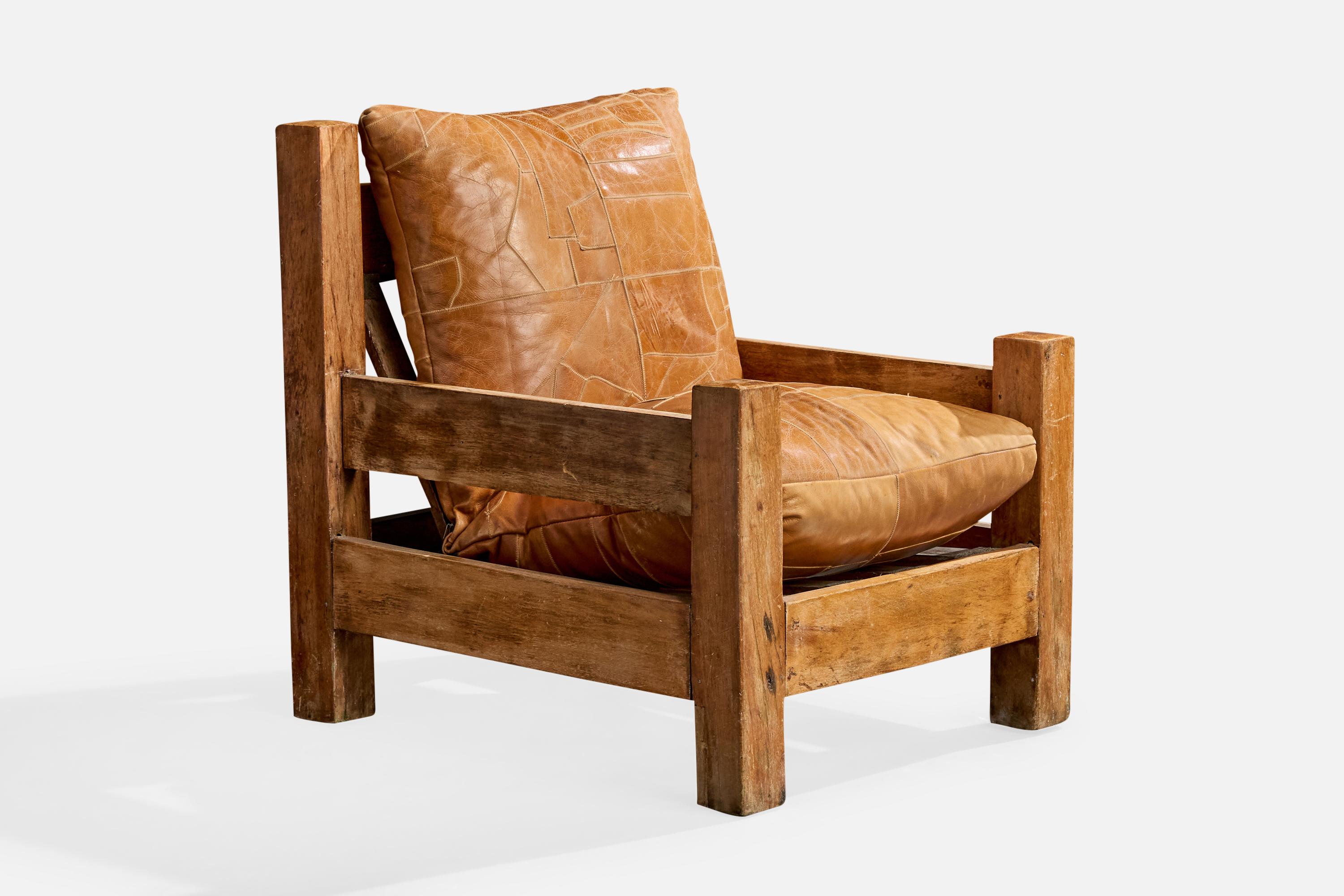Brasilianischer Designer, Lounge-Sessel, Holz, Leder, Brasilien, 1970er Jahre (Ende des 20. Jahrhunderts) im Angebot