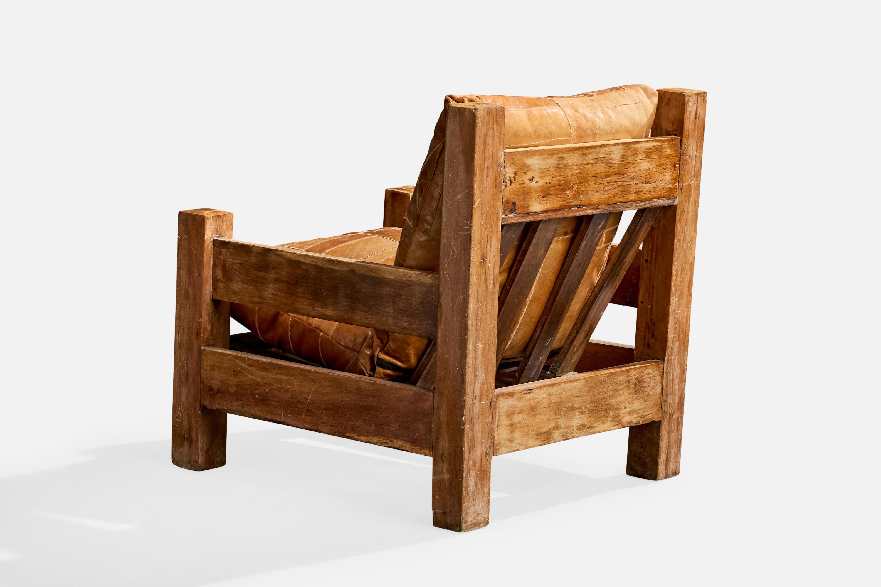 Brasilianischer Designer, Lounge-Sessel, Holz, Leder, Brasilien, 1970er Jahre im Angebot 1