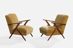 Brazilian Designer, Lounge Chairs, Wood, Mohair, Brazil, 1950s