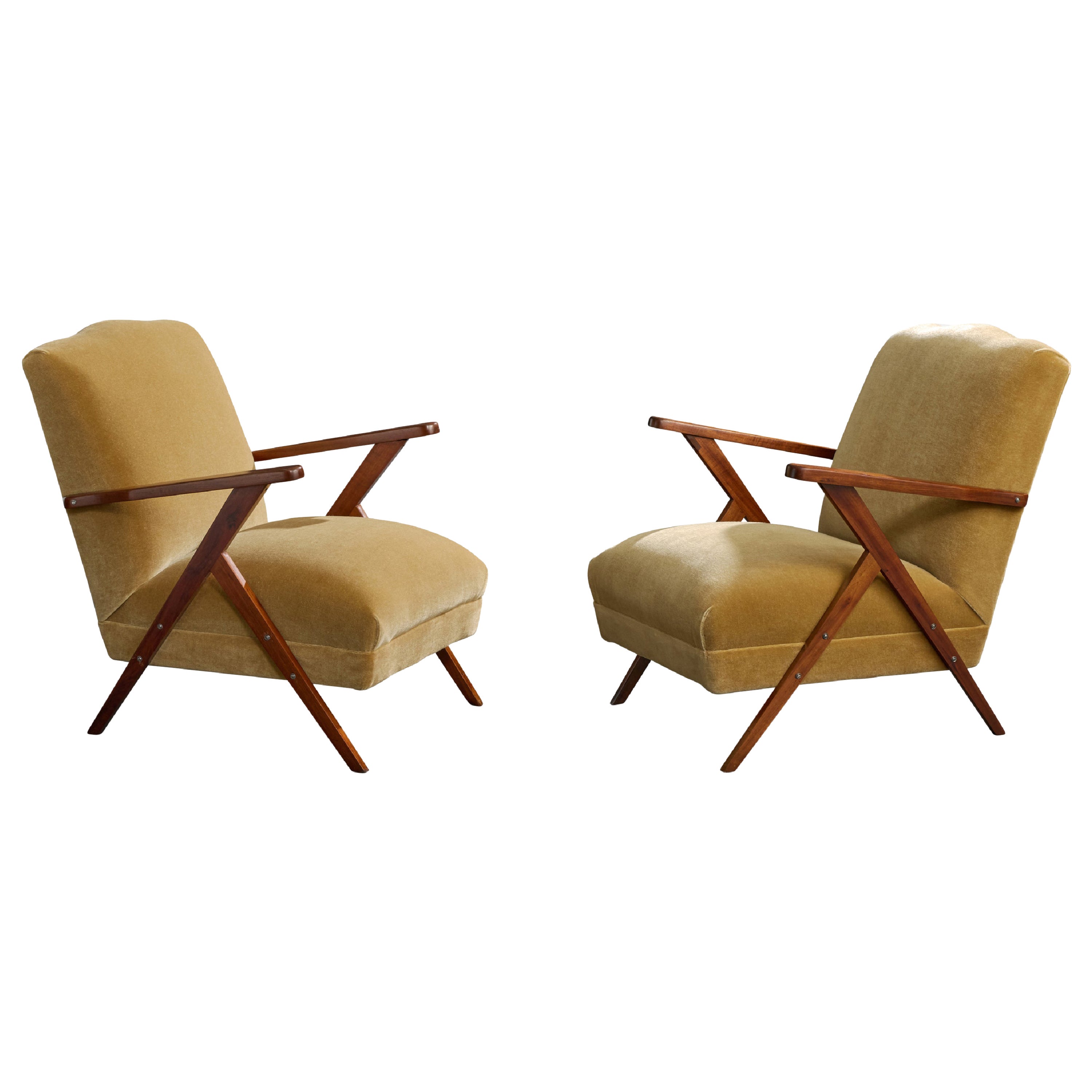 Brazilian Designer, Lounge Chairs, Wood, Mohair, Brazil, 1950s