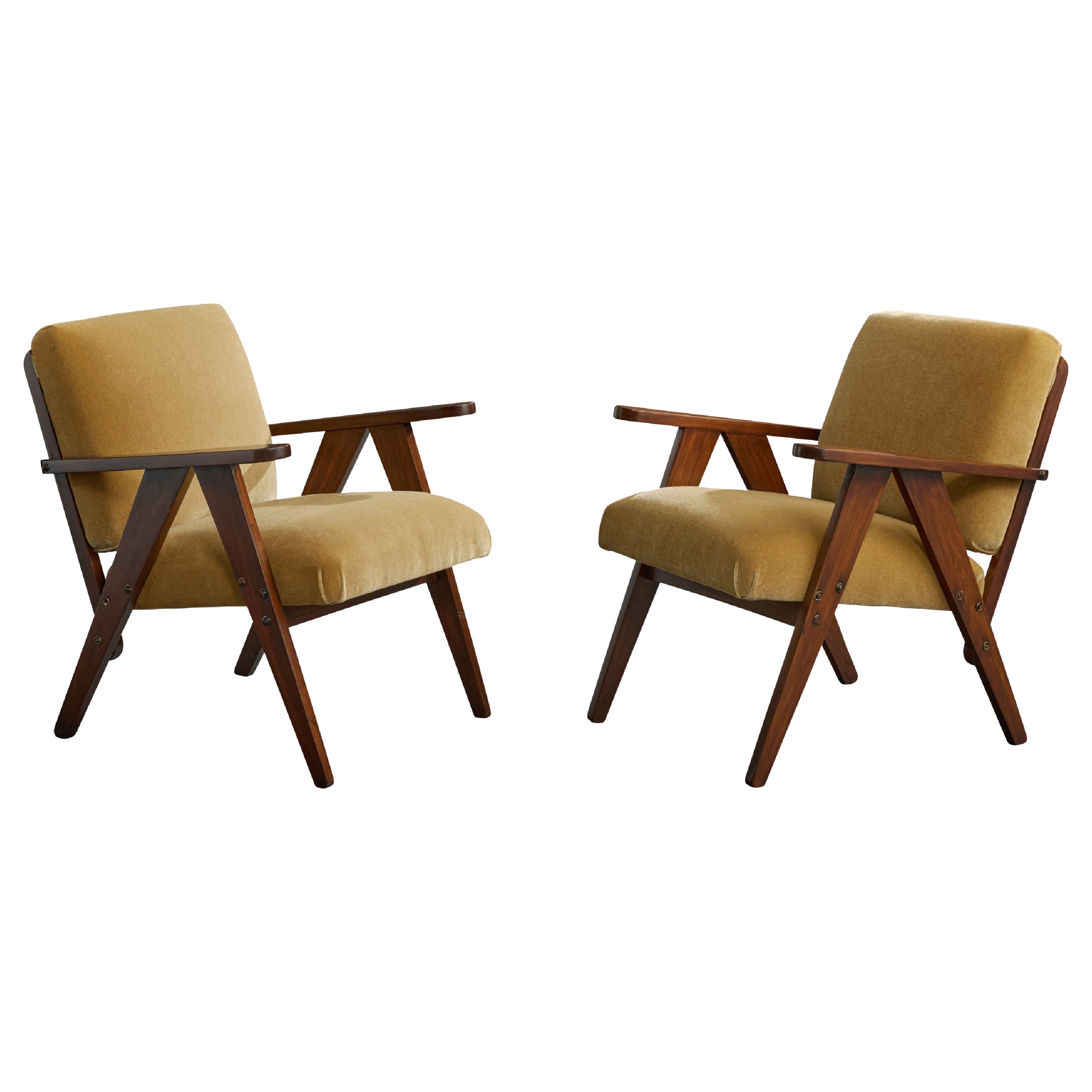 Brazilian Designer, Lounge Chairs, Wood, Mohair, Brazil, 1950s