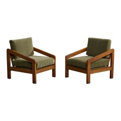 Brazilian Designer, Lounge Chairs, Wood, Mohair, Brazil, 1960s