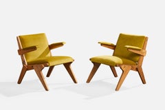 Brazilian Designer, Lounge Chairs, Wood, Velvet, Brazil, 1950s
