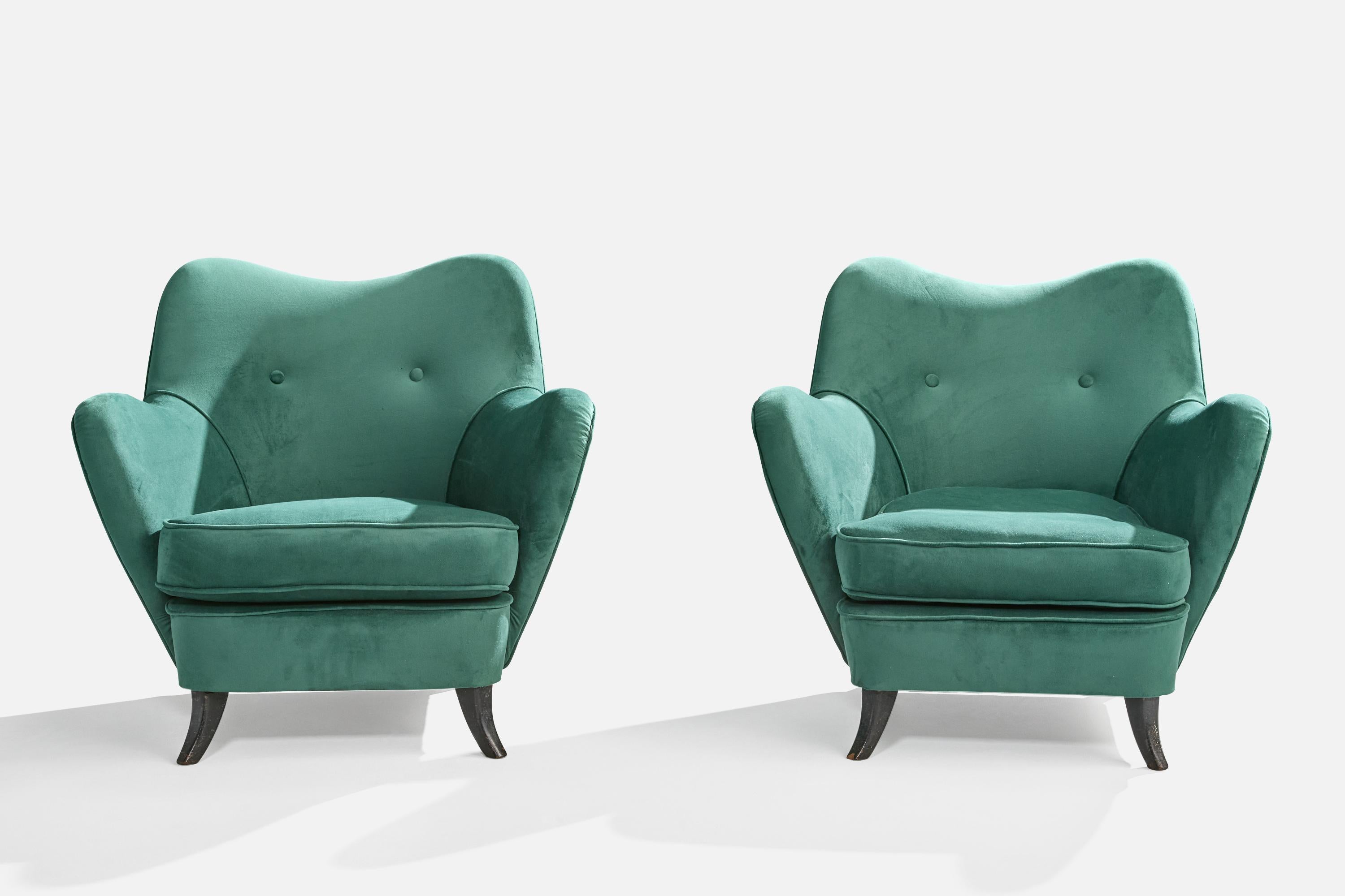 Mid-Century Modern Brazilian Designer, Lounge Chairs, Wood, Velvet, Brazil, 1950s For Sale