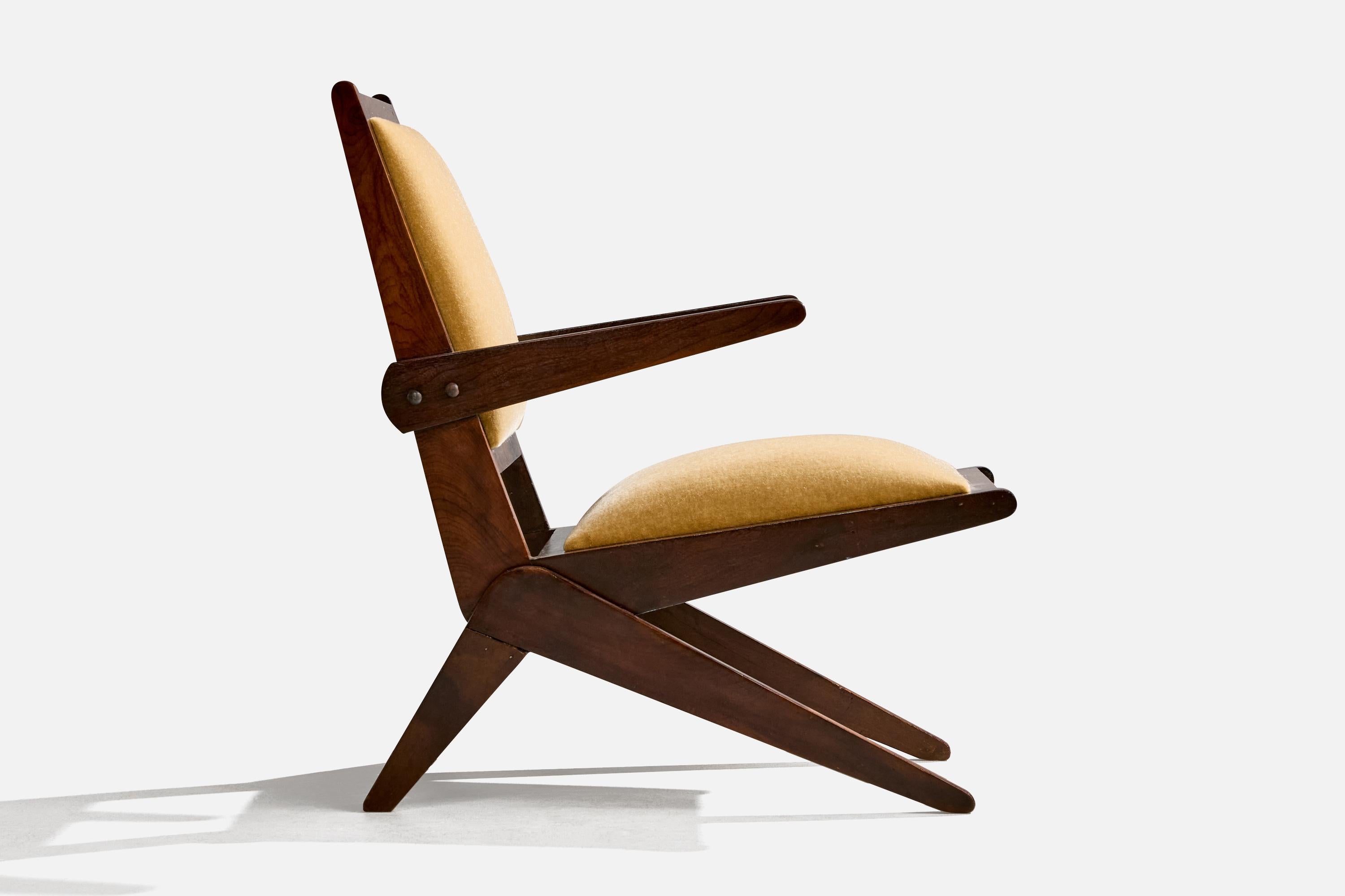 Brasilianische Designerin, Loungesessel, Holz, Samt, Brasilien, 1950er Jahre im Angebot 2