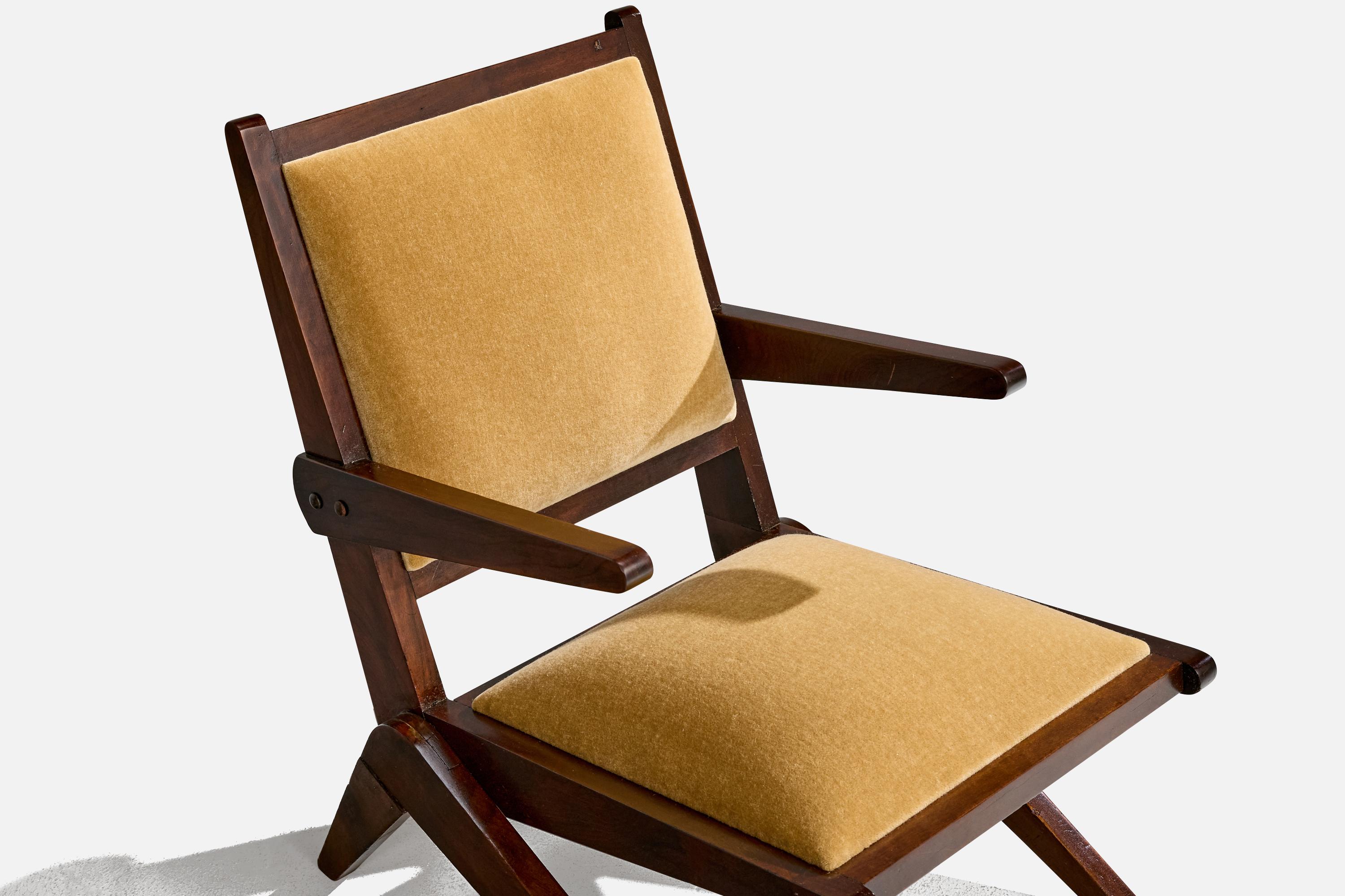 Brasilianische Designerin, Loungesessel, Holz, Samt, Brasilien, 1950er Jahre im Angebot 3