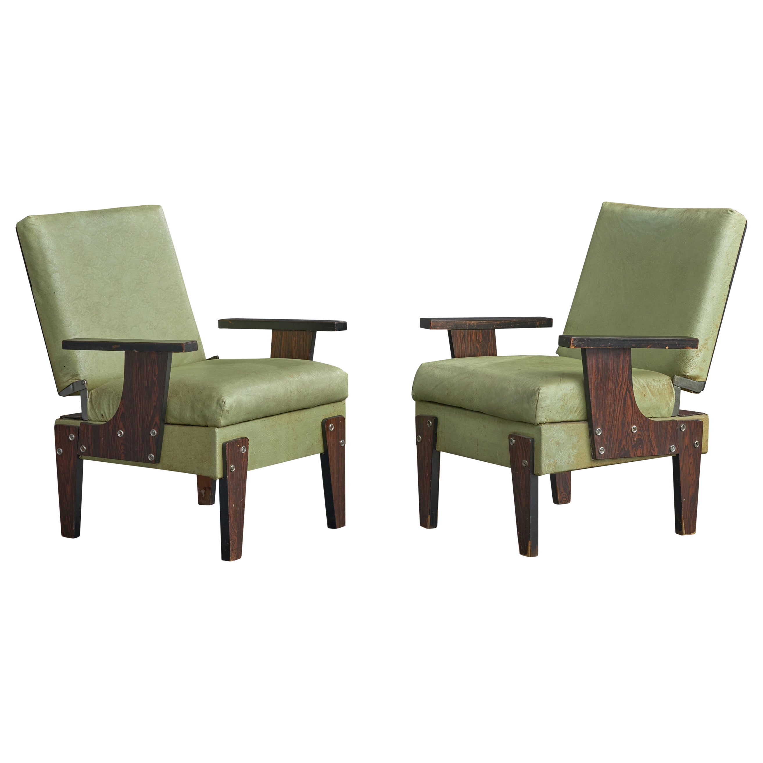 Brazilian Designer, Lounge Chairs, Wood, Vinyl, Steel, Brazil, 1950s For Sale