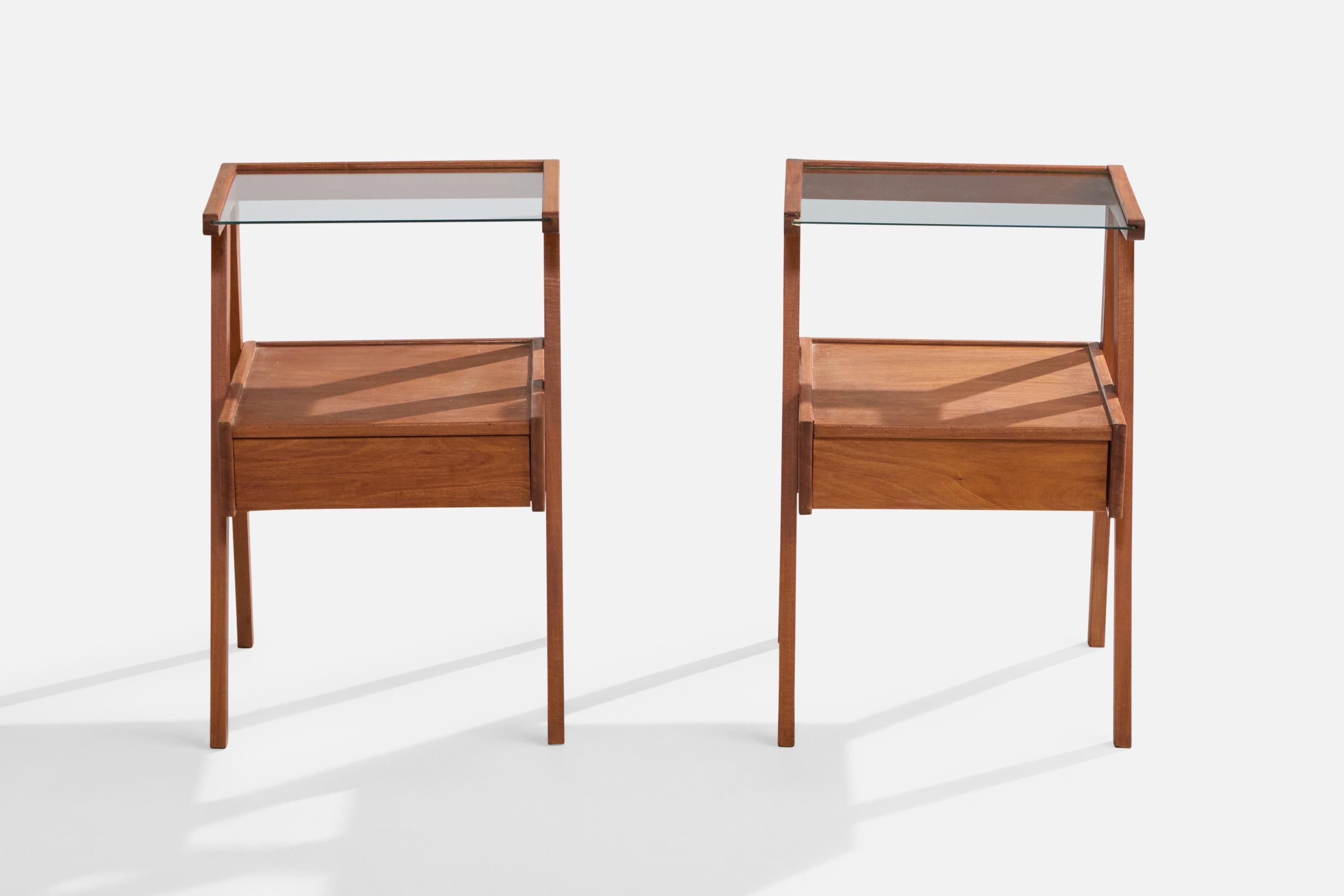 Mid-Century Modern Brazilian Designer, Nightstands, Wood, Glass, Brazil, 1950s For Sale