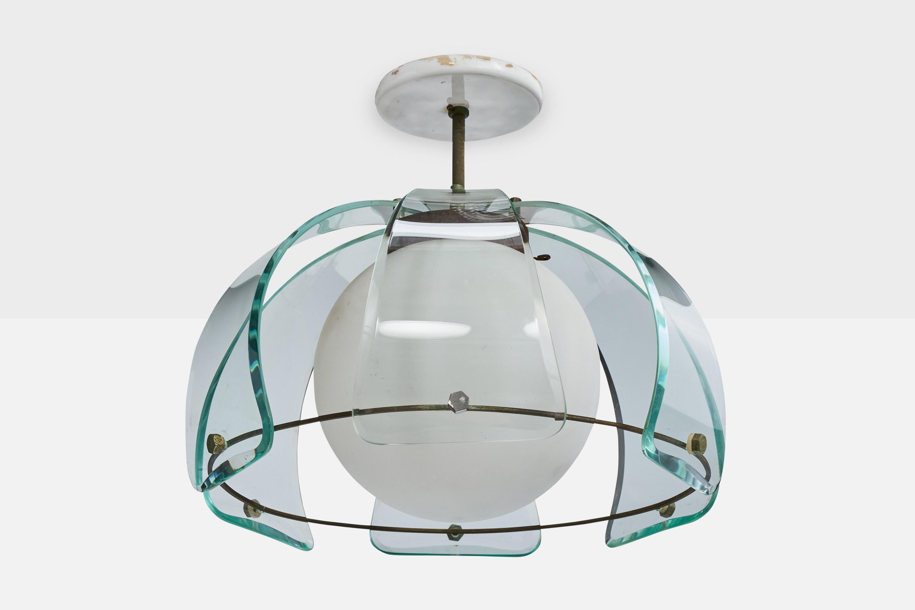 Suspension en verre et en métal conçue et produite au Brésil, C.C..

Oxydation présente dans tout le métal. Deux vis semblent avoir été polies ou remplacées.

Dimensions globales (pouces) : 14.0 