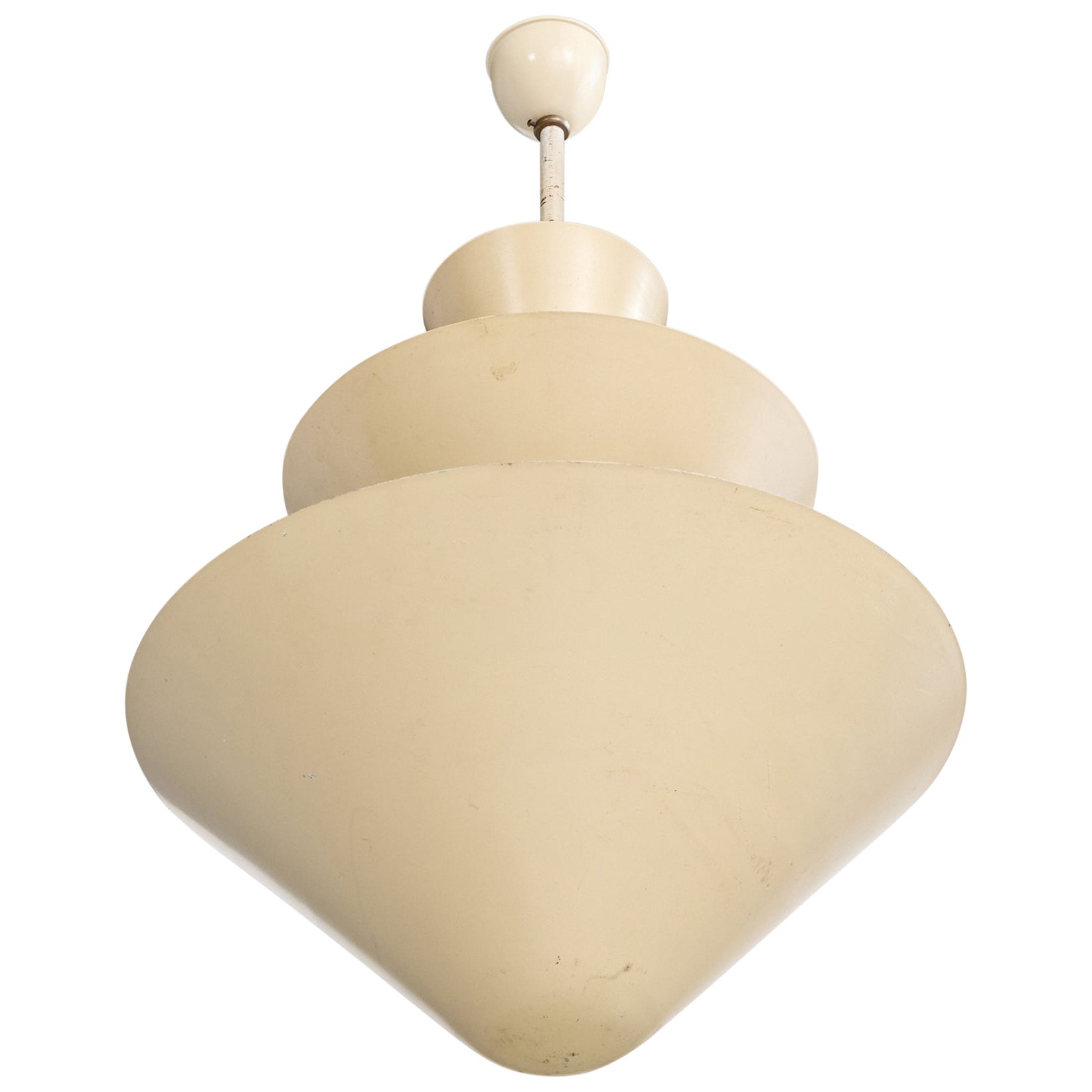 A cream-white-lacquered metal pendant light or chandelier designed and produced in Brazil, c. 1960s.

Light scratching, discoloration, and loss of lacquer throughout. Ceiling canopy replaced.

Overall Dimensions (inches): 32” H x 18.75”
