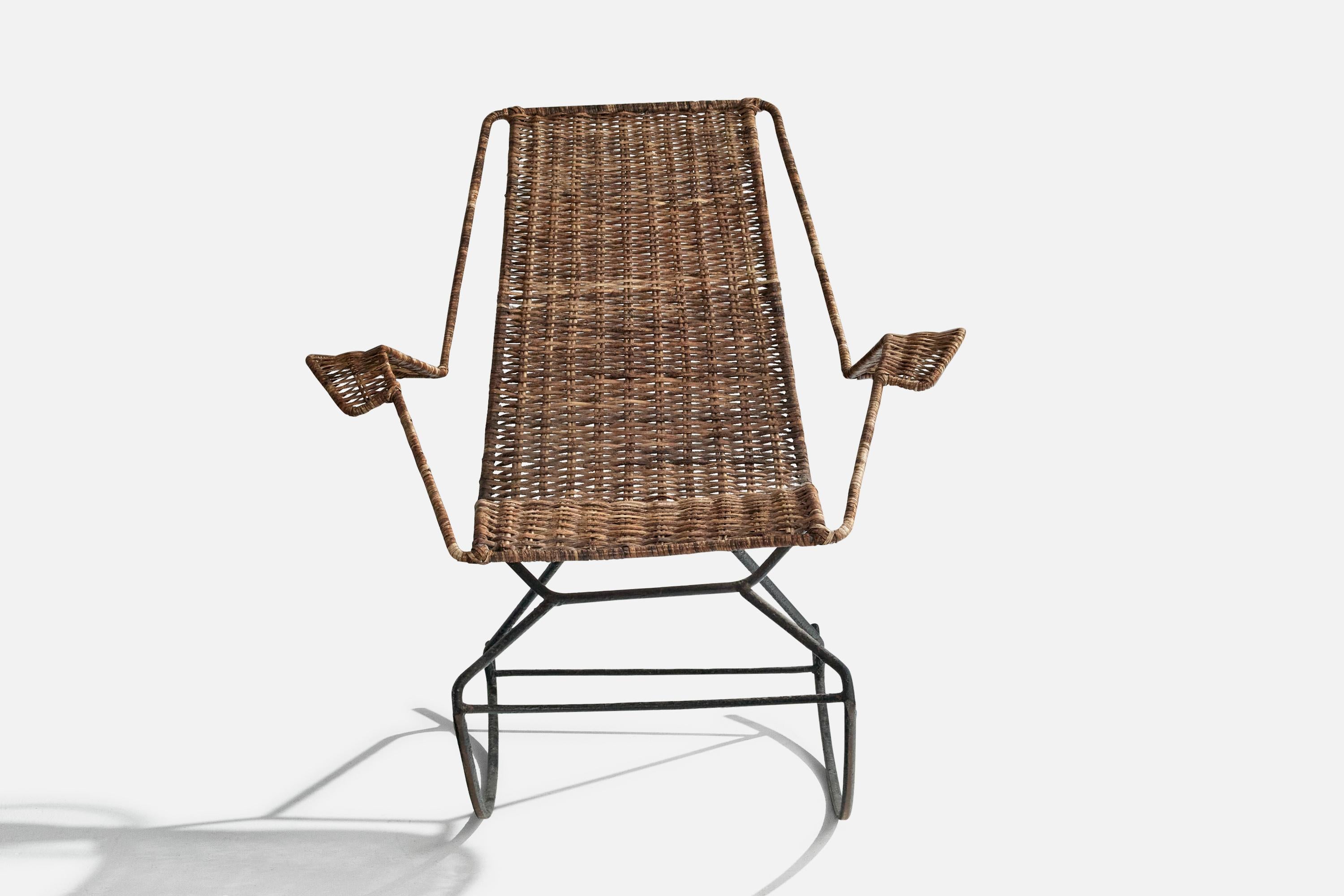 Mid-Century Modern Brazilian Designer, Rocking Chair, Iron, Rattan, Brazil, 1950s For Sale