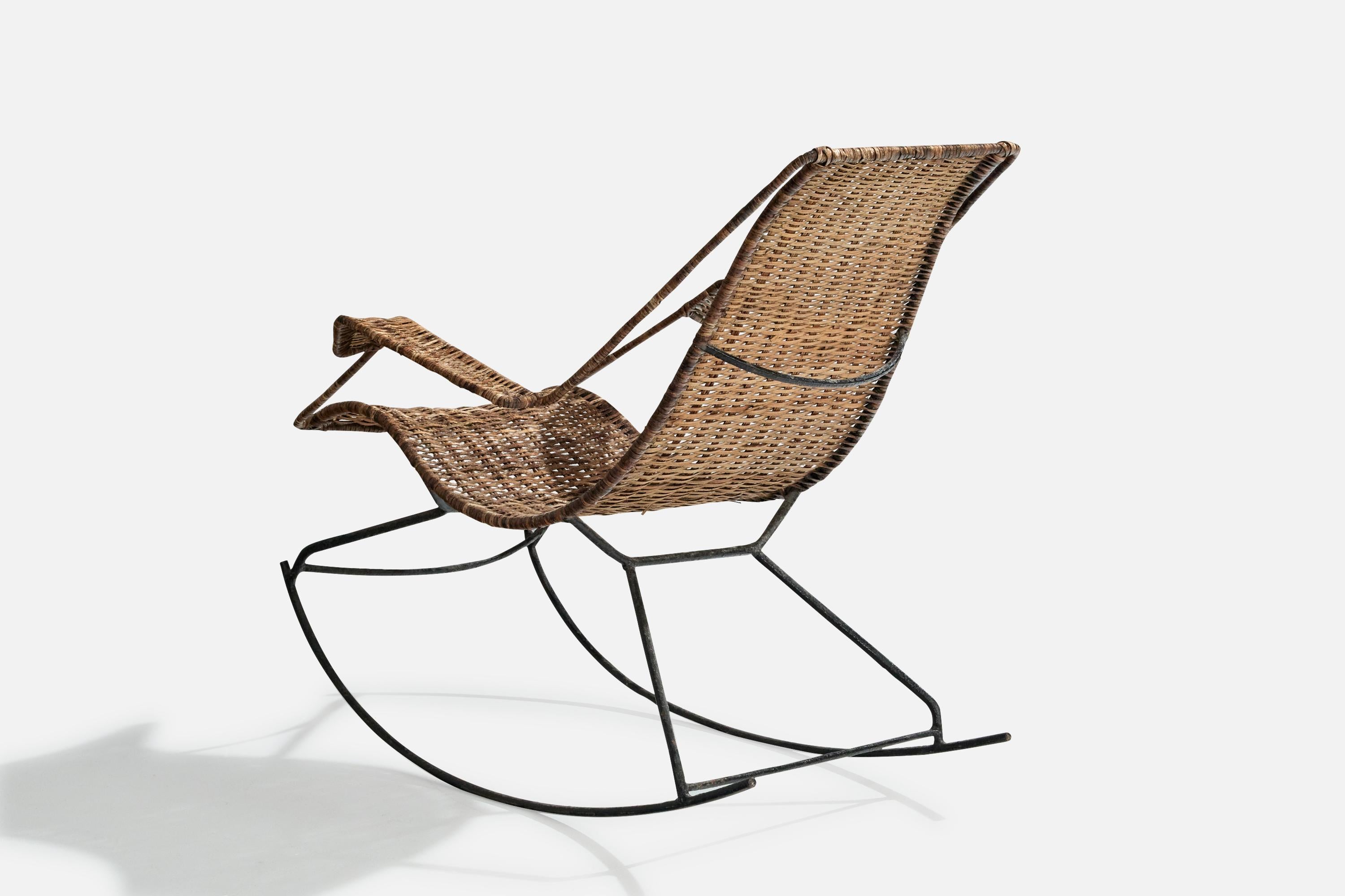 Mid-20th Century Brazilian Designer, Rocking Chair, Iron, Rattan, Brazil, 1950s For Sale