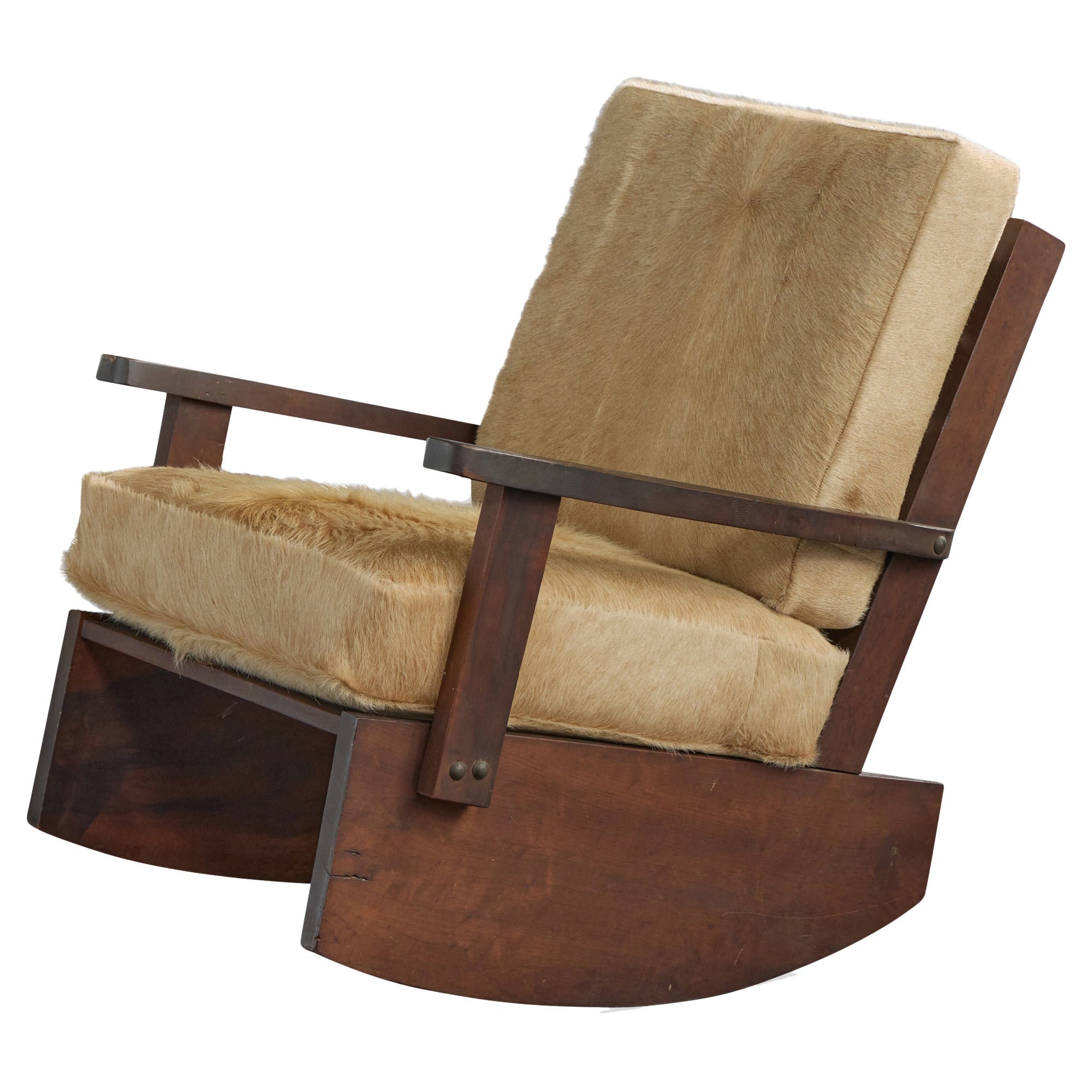 Brazilian Designer, Rocking Chair, Wood, Cowhide, Brazil, 1970s