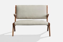 Brazilian Designer, Settee, Wood, Fabric, Brazil, 1950s