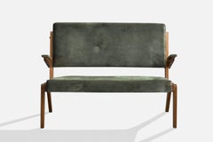 Brazilian Designer, Settee, Wood, Velvet, Brazil, 1950s