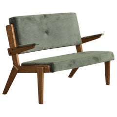 Brazilian Designer, Settee, Wood, Velvet, Brazil, 1950s