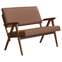 Brazilian Designer, Settee, Wood, Vinyl, Metal, Brazil, 1950s