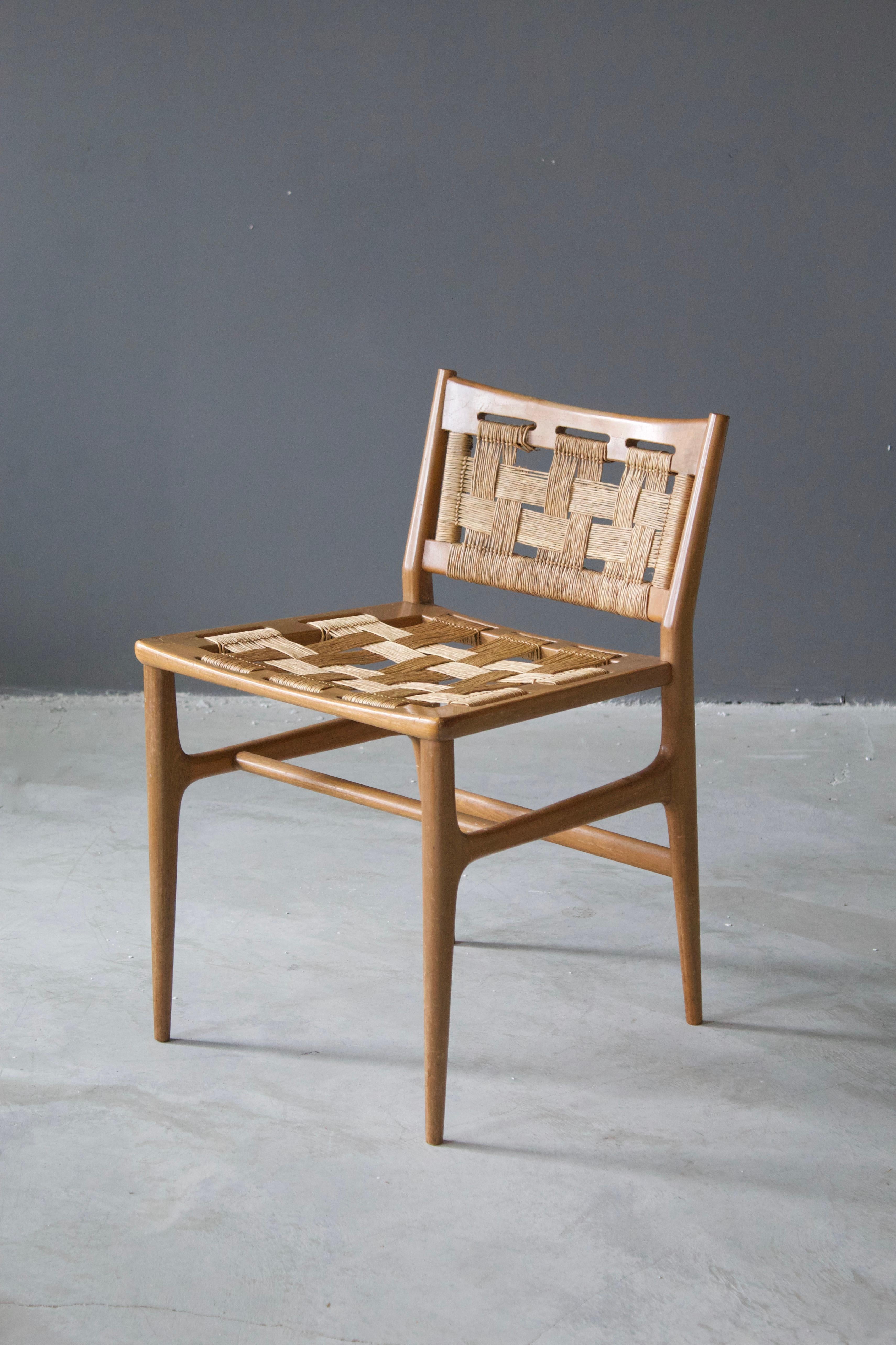 Mid-Century Modern Brazilian Designer, Side Chair, Wood, Seagrass, Brazil, 1950s