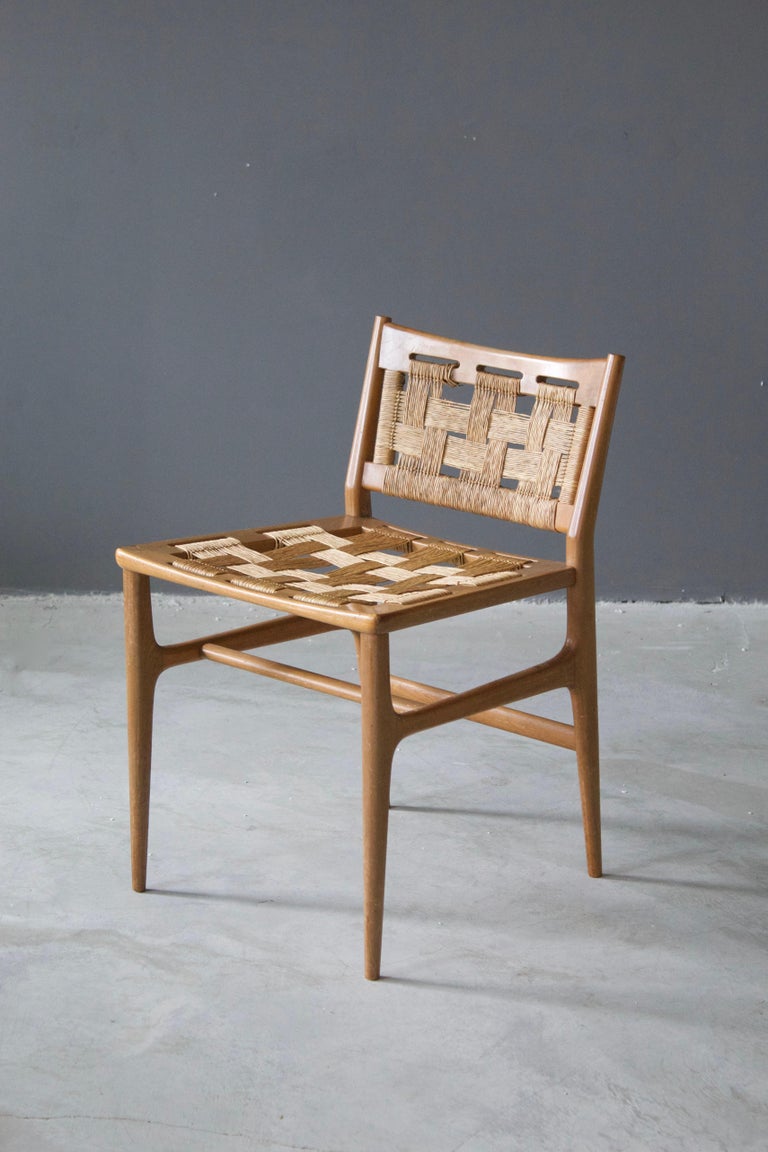 Mid-Century Modern Brazilian Designer, Side Chair, Wood, Seagrass, Brazil, 1950s For Sale