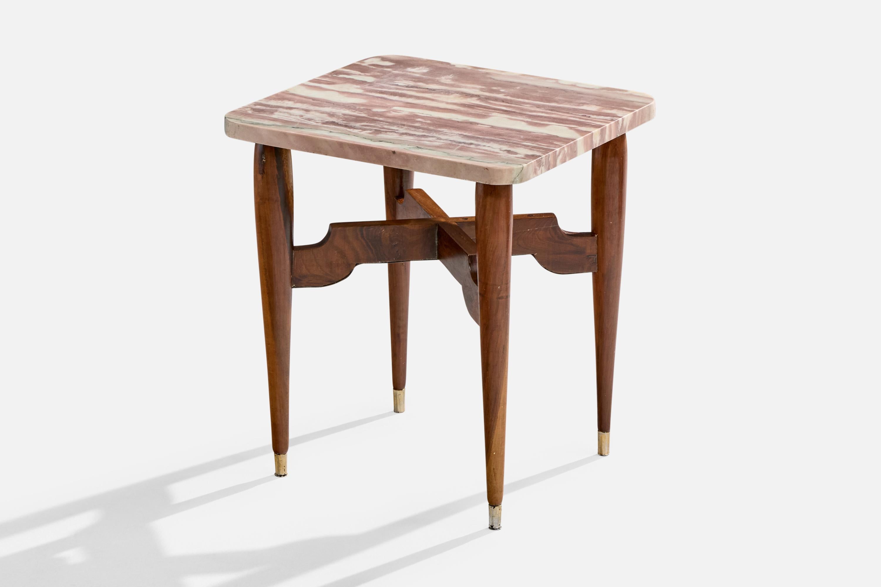 A wood, brass and marble side table designed and produced in Brazil, c. 1950s.

Very light scratching present on marble top.

Dimensions: 17.8” H x 15.9” W x 14.6” D