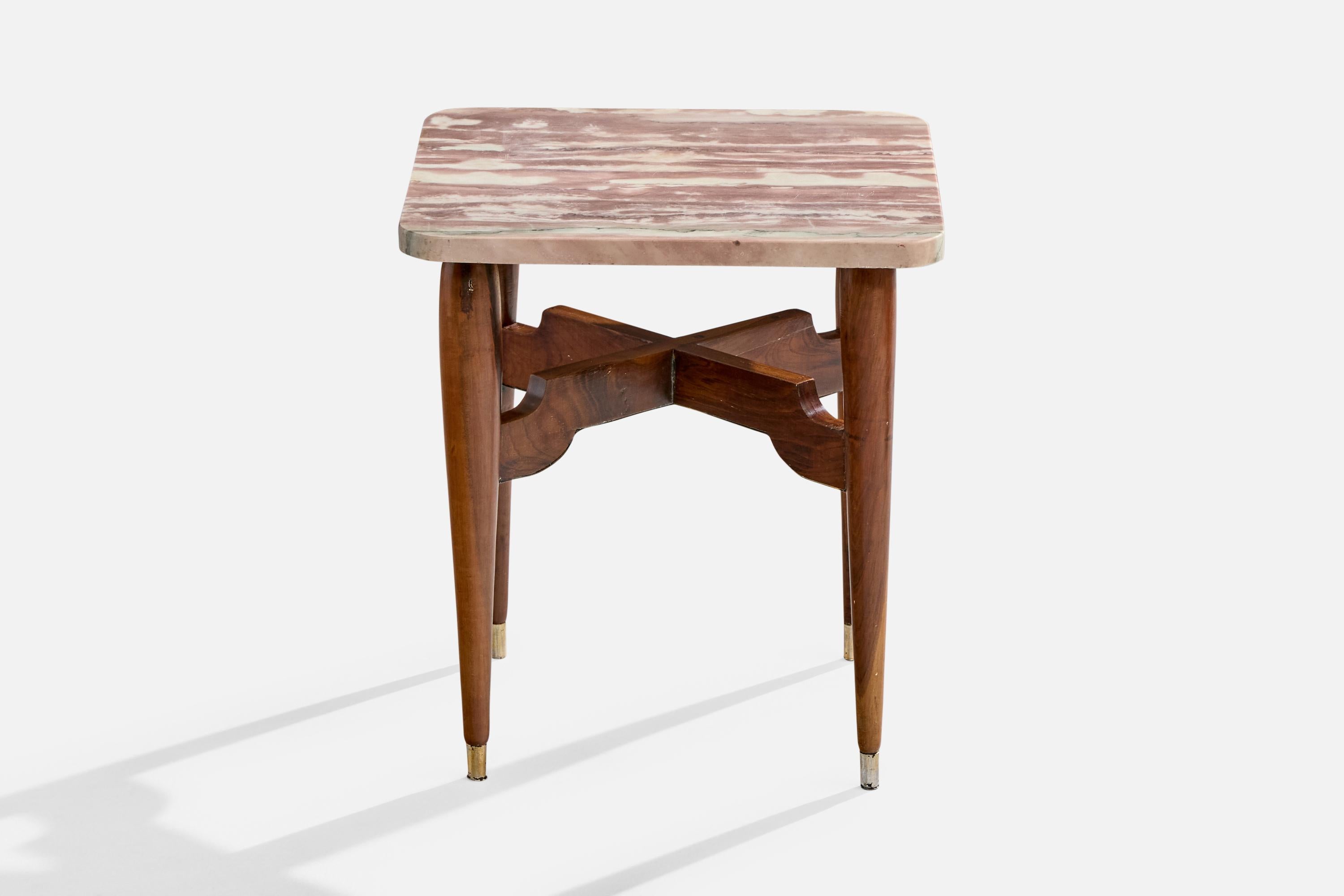 Mid-Century moderno Brazilian Designer, Side Table, Wood, Brass, Marble, Brazil, 1950s in vendita
