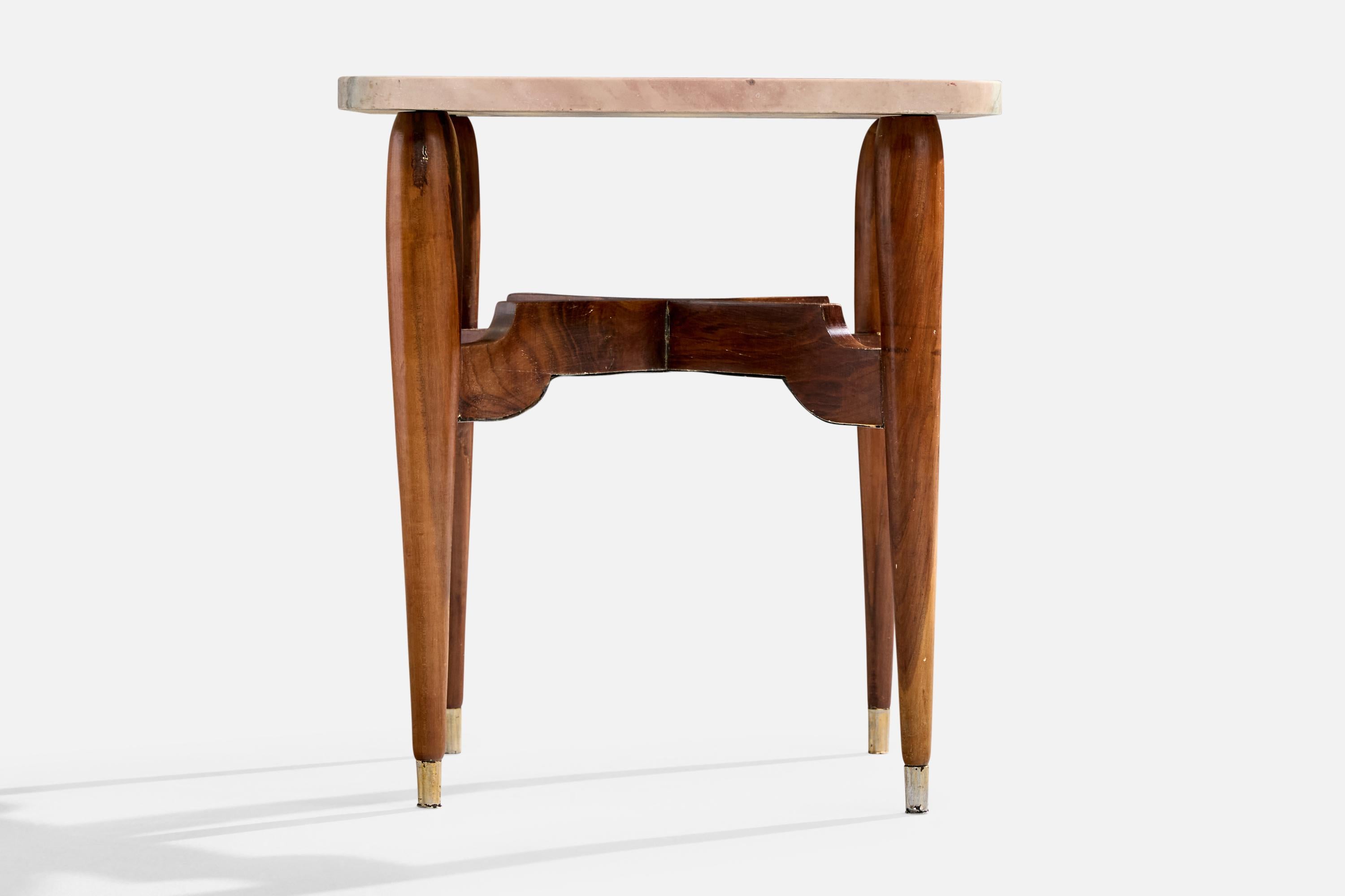 Brasiliano Brazilian Designer, Side Table, Wood, Brass, Marble, Brazil, 1950s in vendita