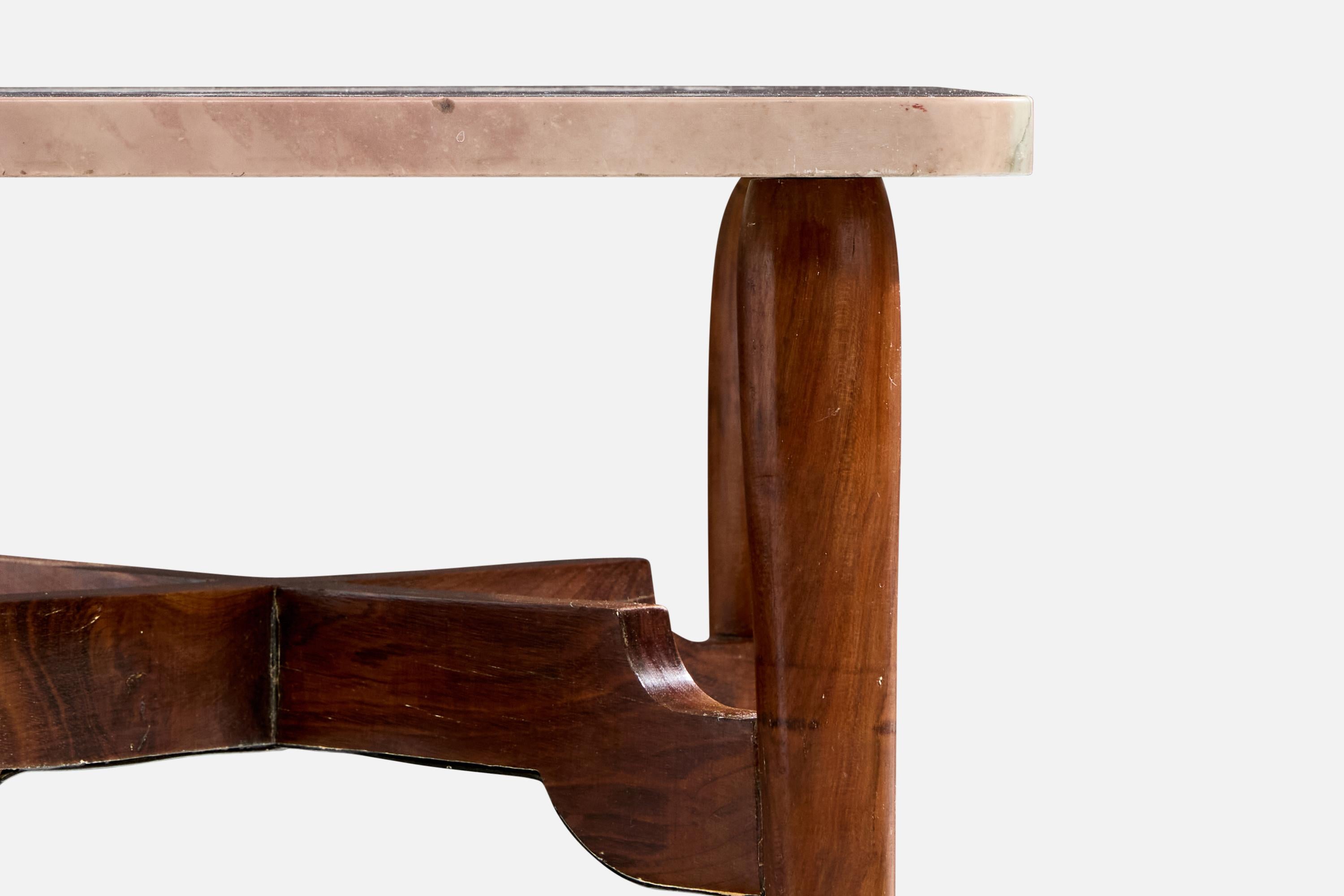 Brazilian Designer, Side Table, Wood, Brass, Marble, Brazil, 1950s In condizioni buone in vendita a High Point, NC