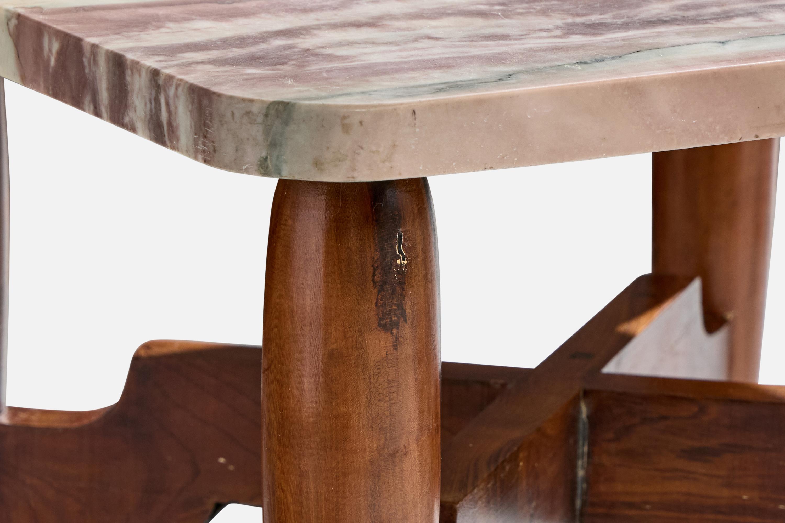 Metà XX secolo Brazilian Designer, Side Table, Wood, Brass, Marble, Brazil, 1950s in vendita